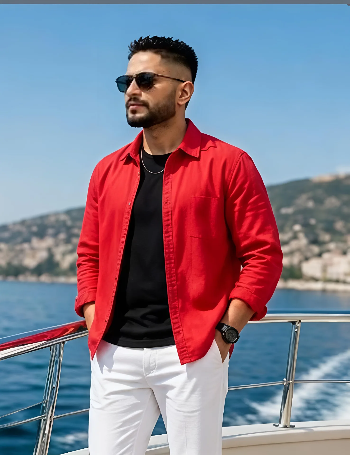 Create a highly realistic premium lifestyle portrait of a stylish young man standing confidently on a luxury yacht, wearing a vibrant red