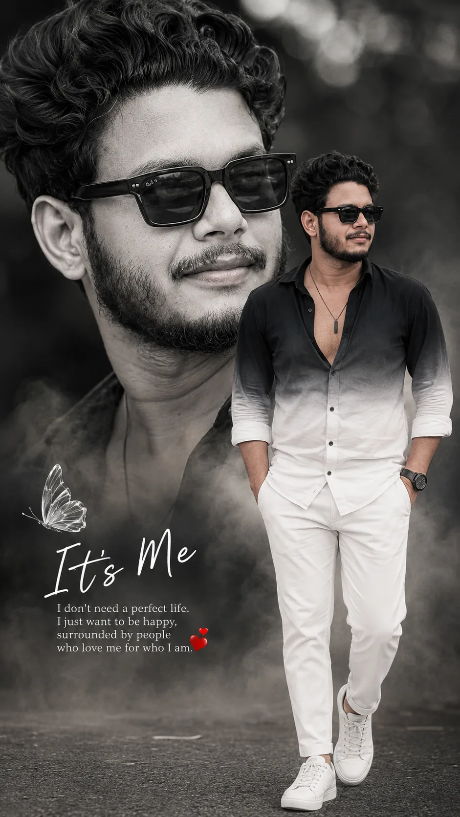A stylish young Indian man with curly dark hair, full beard and mustache, wearing black Ray-Ban style sunglasses.