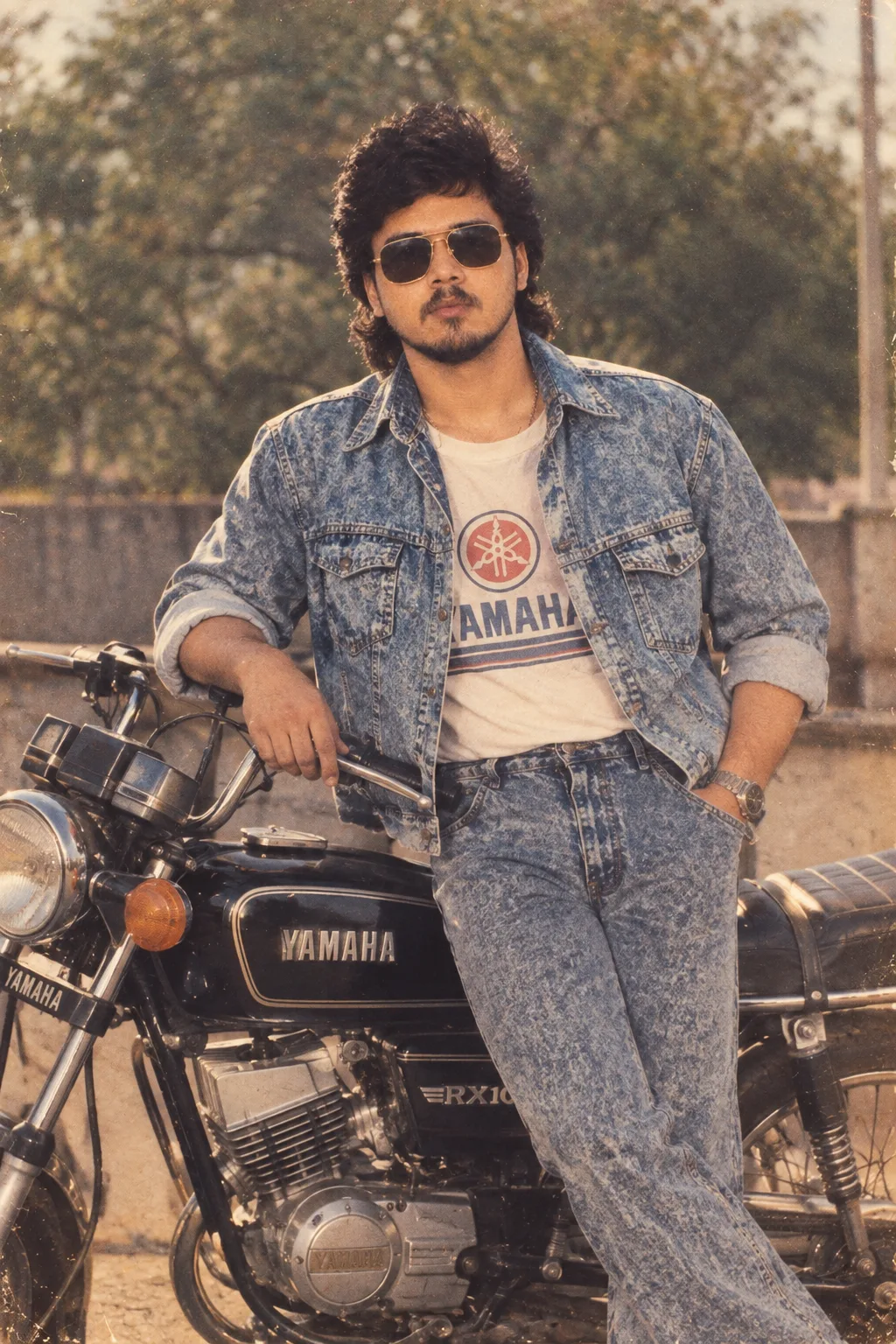 Create a vintage 1980s or 1990s style portrait of a stylish boy standing outdoors near a classic Yamaha RX100 motorcycle.