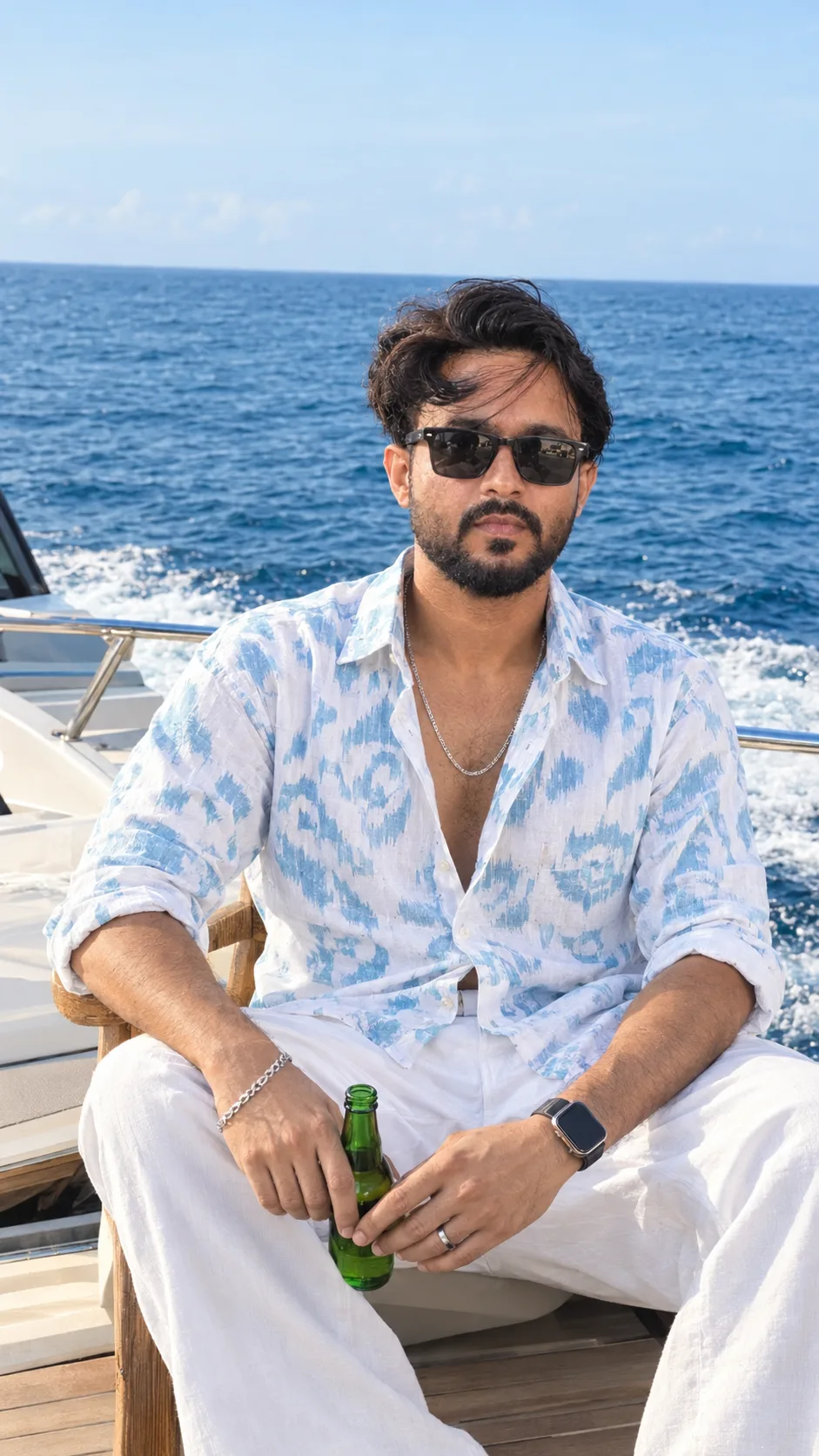 Create an ultra-realistic cinematic luxury vacation fashion photograph inspired by the uploaded reference image.
