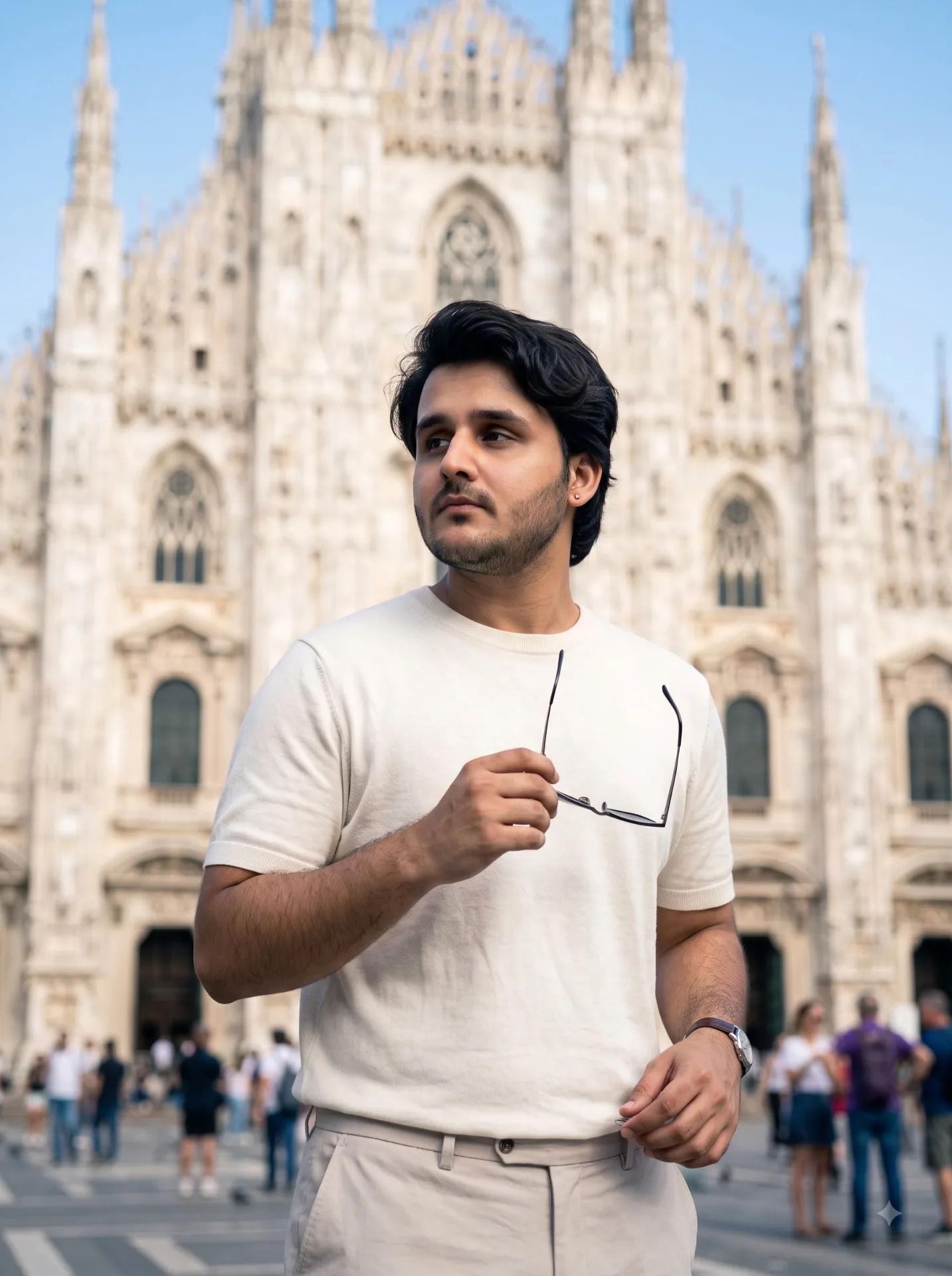 "Create a vertical 4:5 ultra-photorealistic cinematic travel-fashion T-shirt of a stylish young man standing in the lower-middle