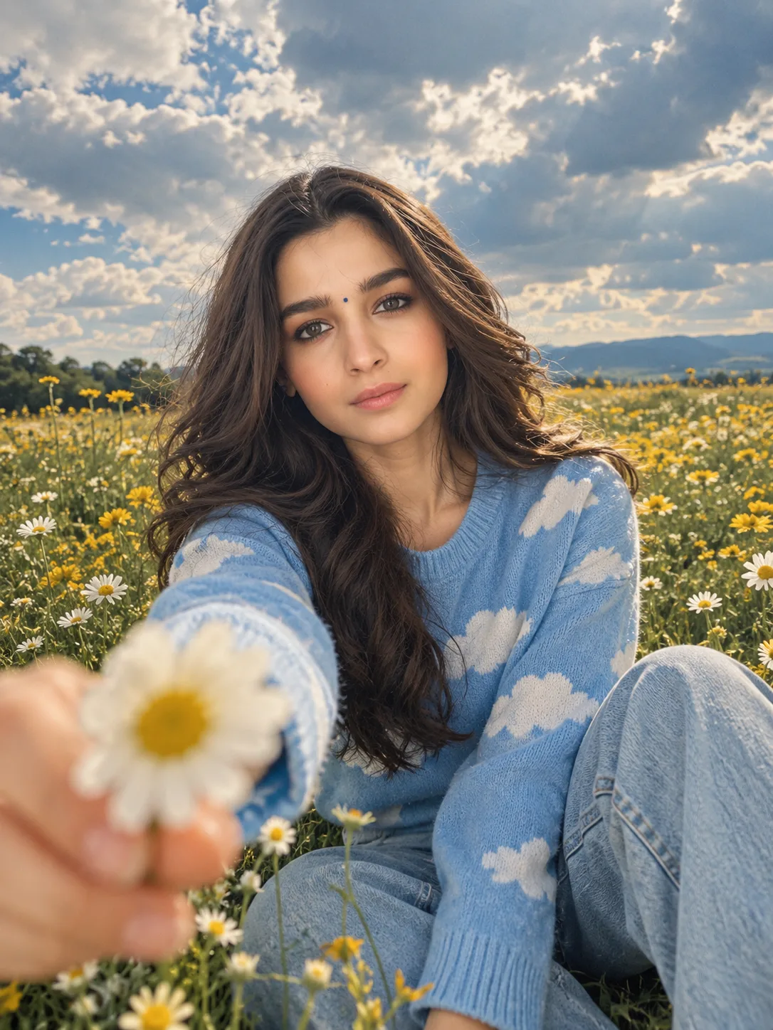 cinematic, wide-angle portrait of her sitting in a wildflower field during the day.