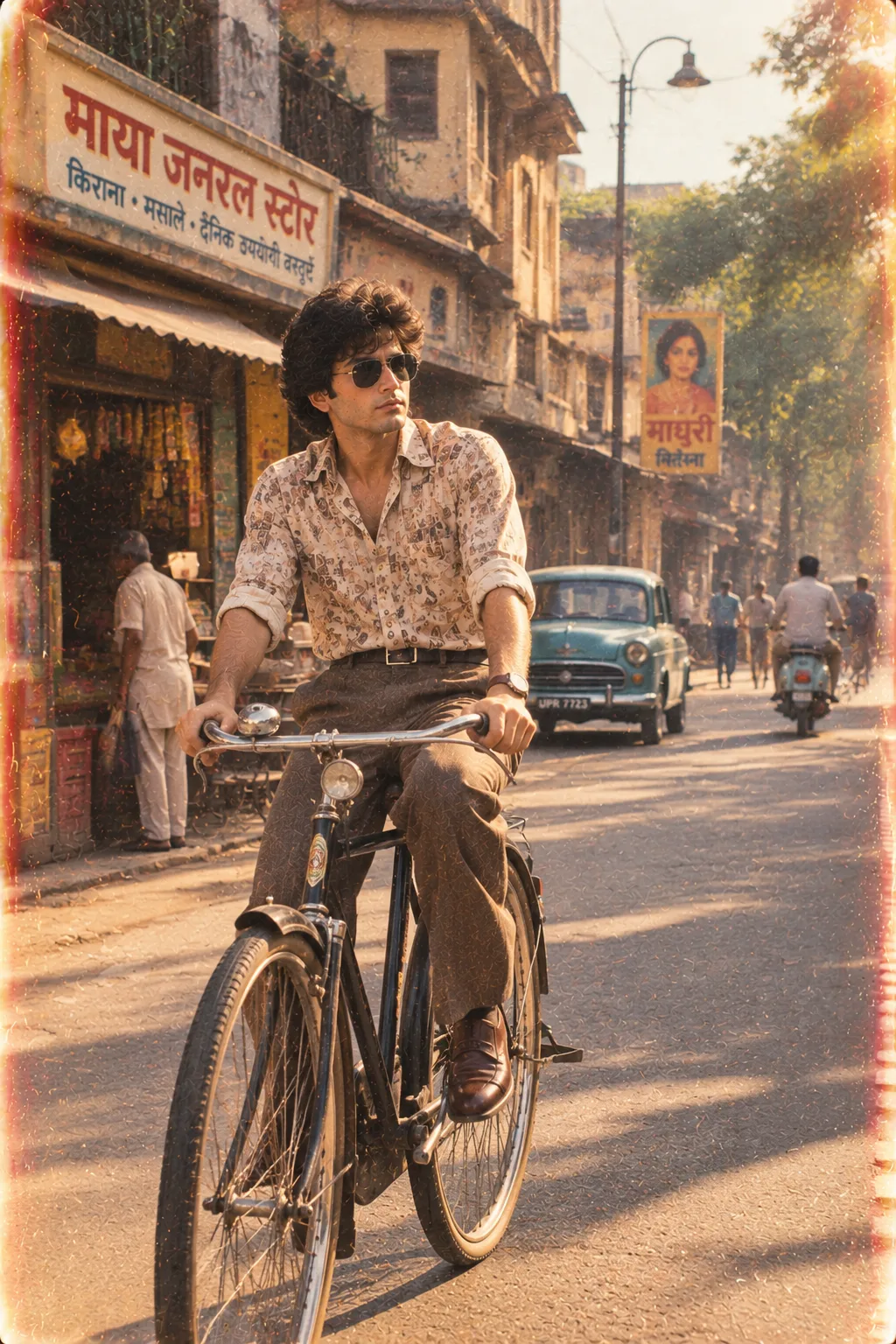 Photorealistic cinematic 1980s Indian street scene featuring a young person riding a classic vintage bicycle through a quiet old