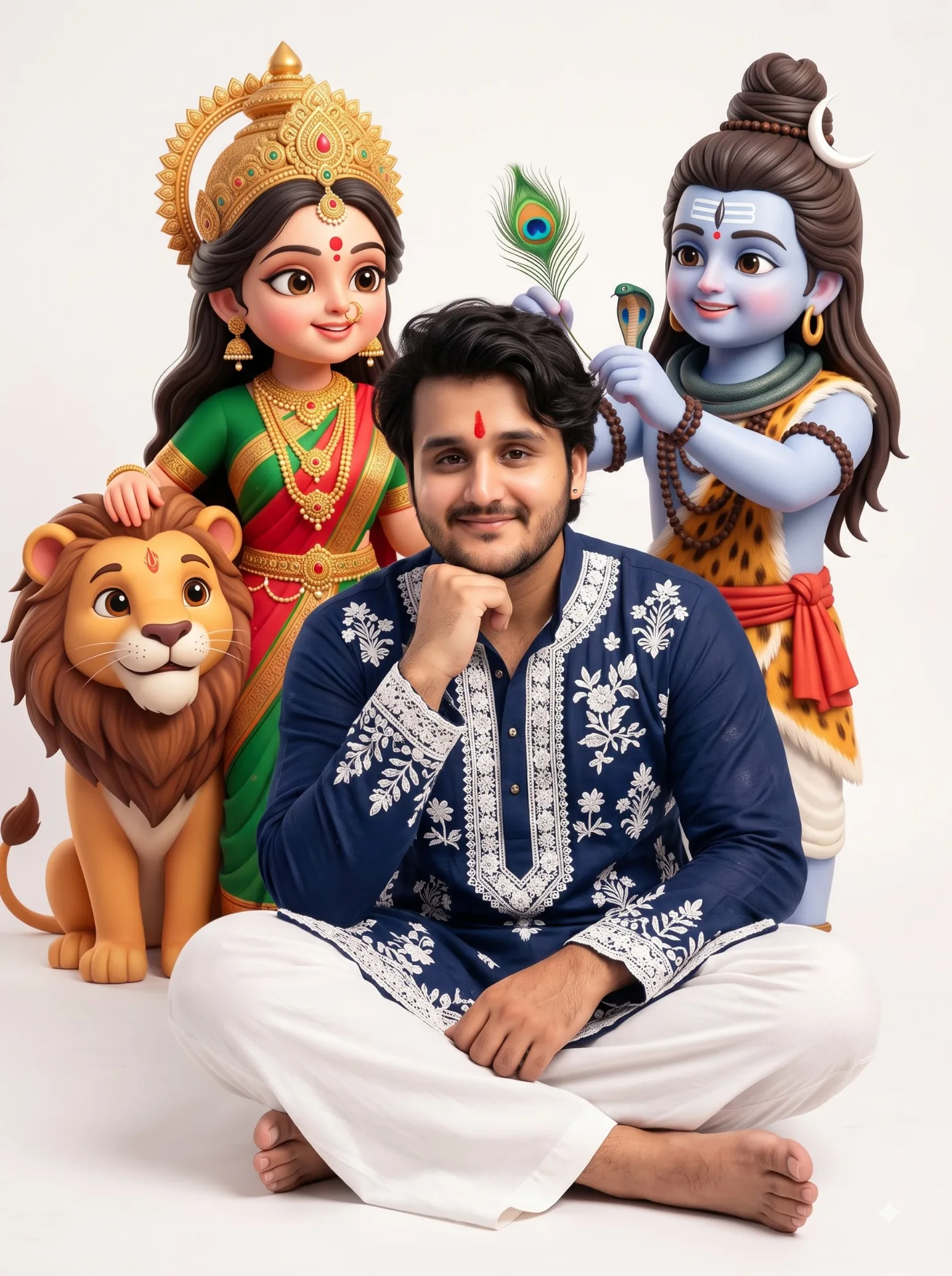 A HANDSOME 24 YEAR OLD Indian man sitting cross-legged on the floor against a solid white divine background, wearing a navi blue