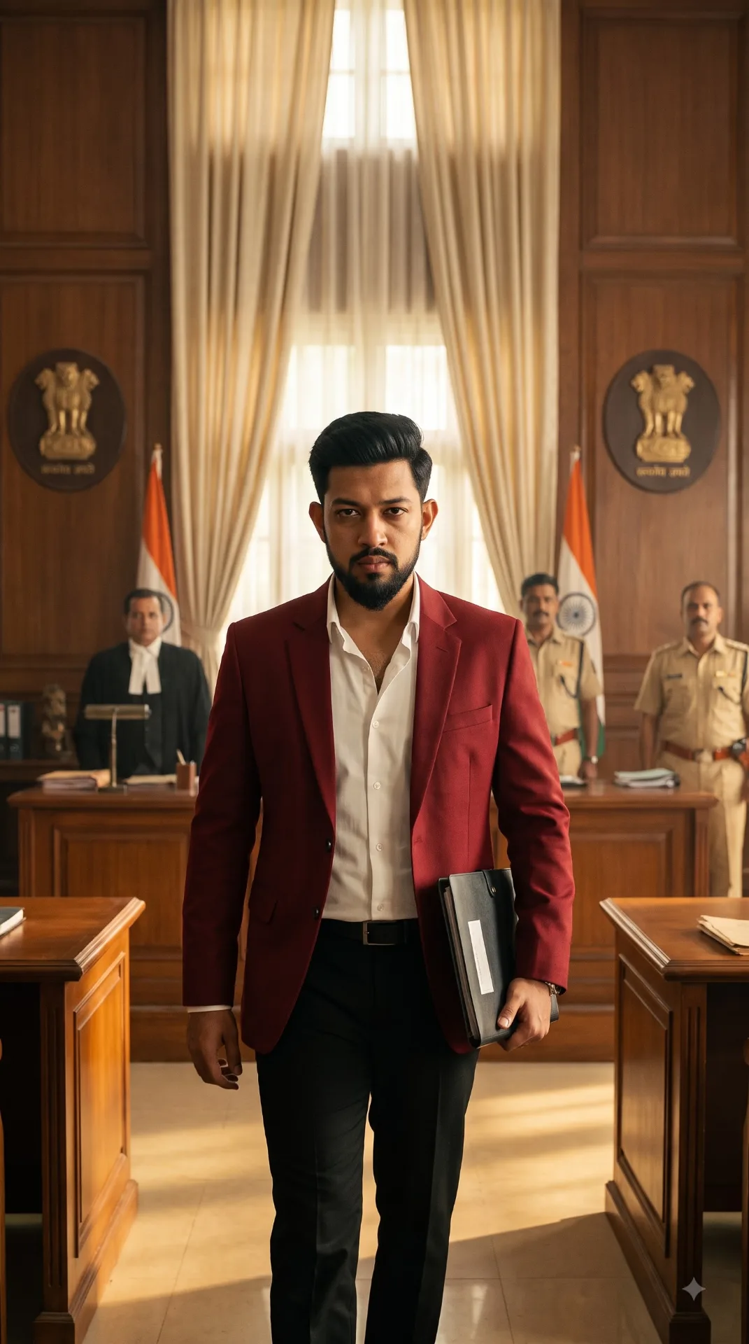 Ultra-realistic cinematic movie still of a confident young man walking forward inside a grand government office/courtroom.
