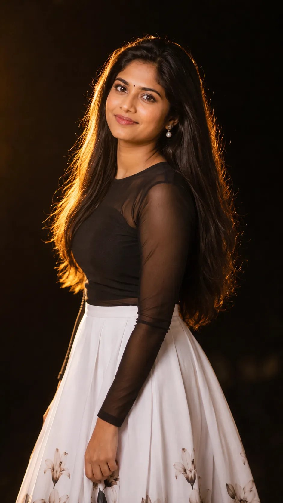 π€π€π€ Black Magic π€π€π€ Beautiful South Indian woman, long silky hair, black sheer full-sleeve top, white floral skirt, warm golden rim
