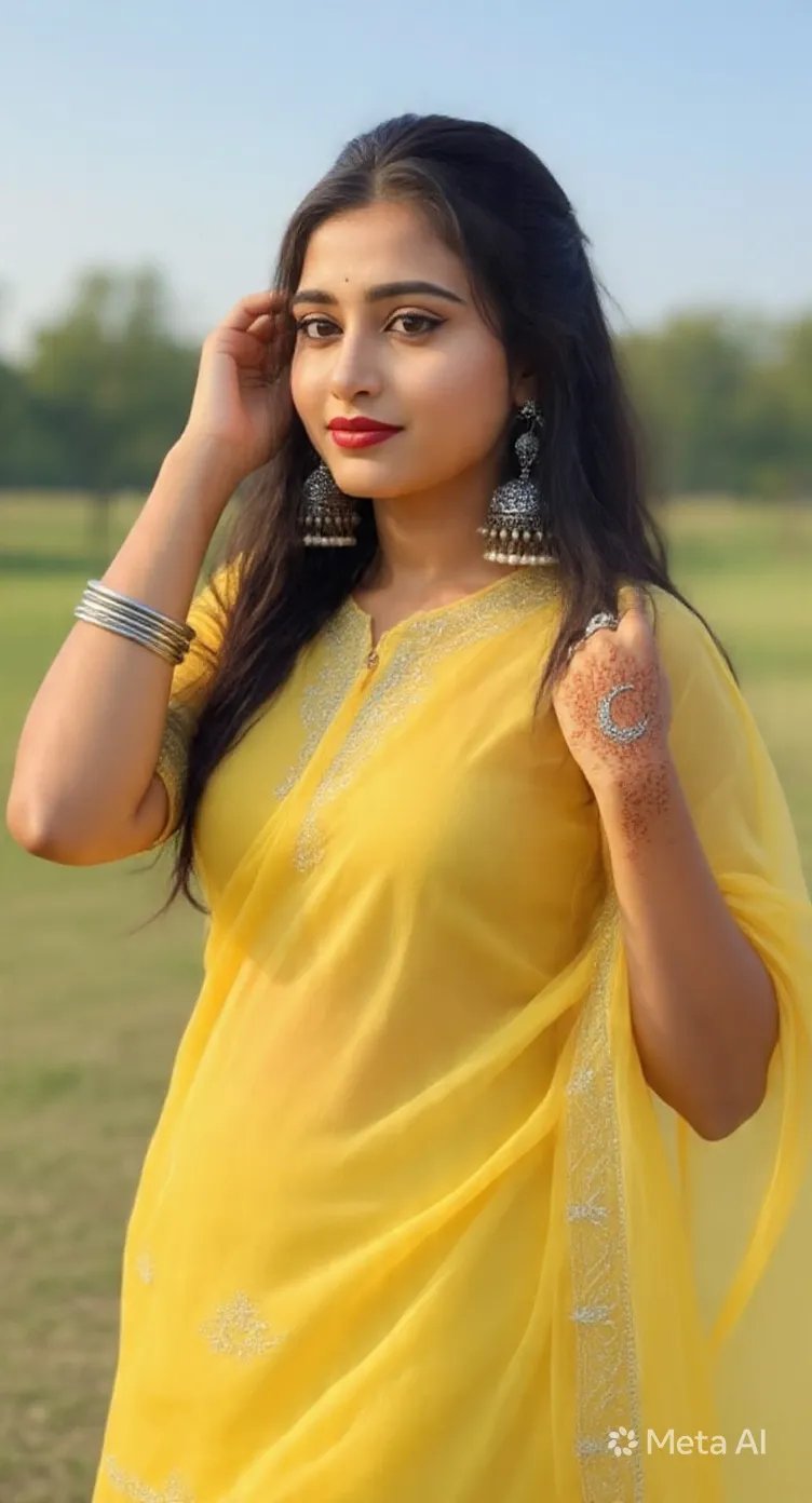 Create an image with long, dark hair posing outdoors on a sunny day.