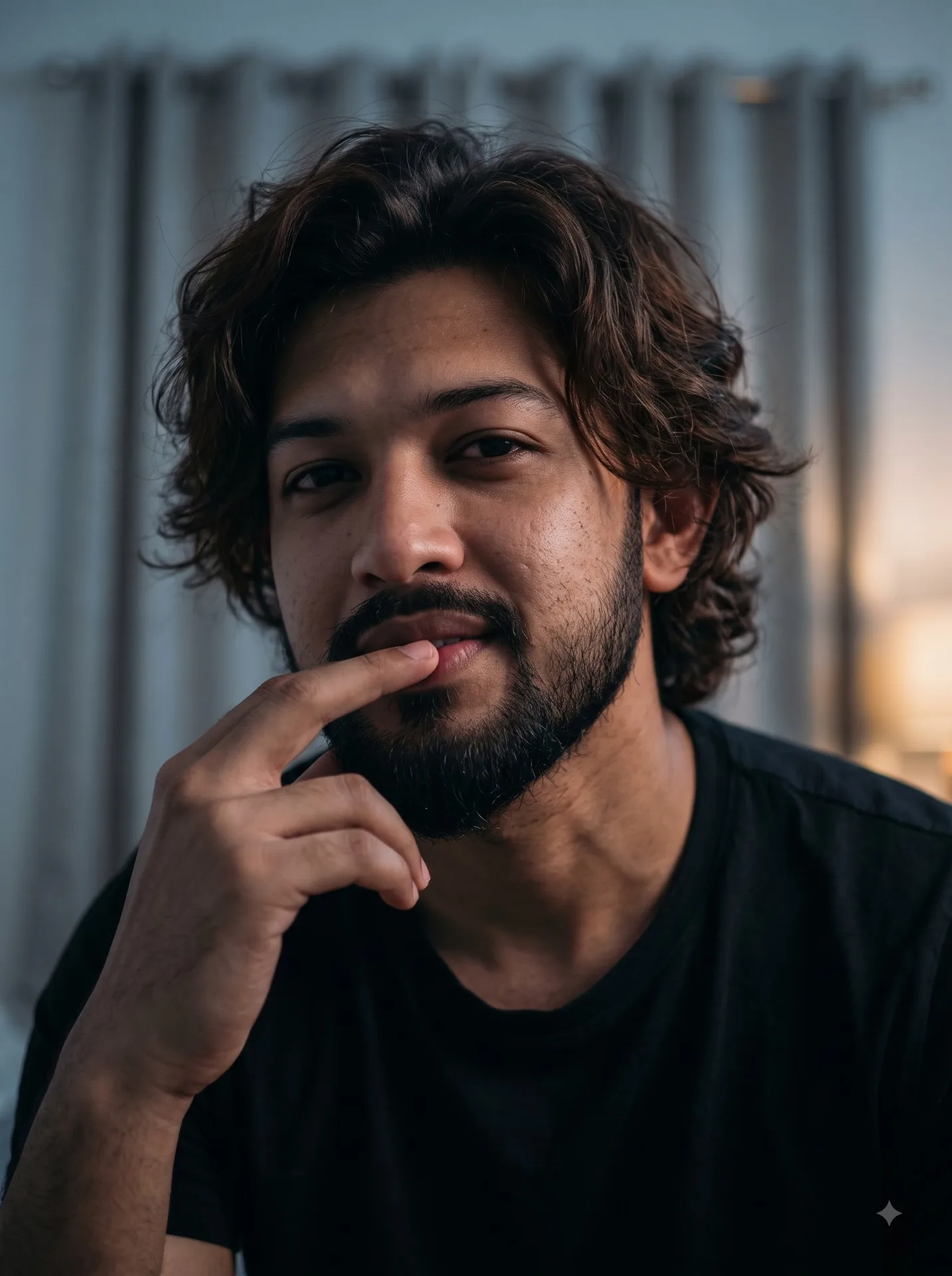 Ultra-realistic close-up portrait of ayoung man with medium-length messy wavy dark brown hair, soft beard and mustache, subtle smile,