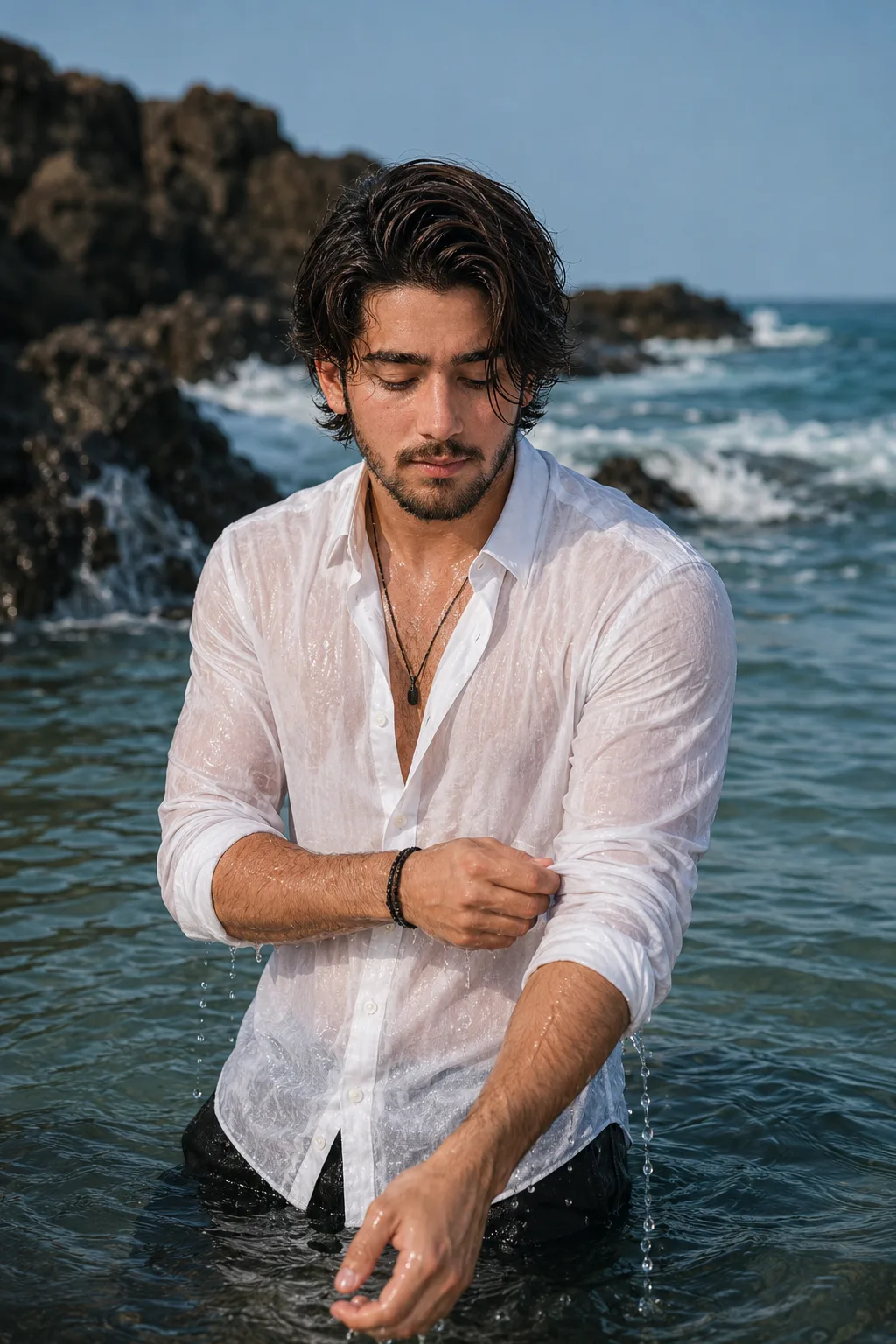 Medium shot of an attractive young man standing waist-deep in ocean water near a rocky coastline.