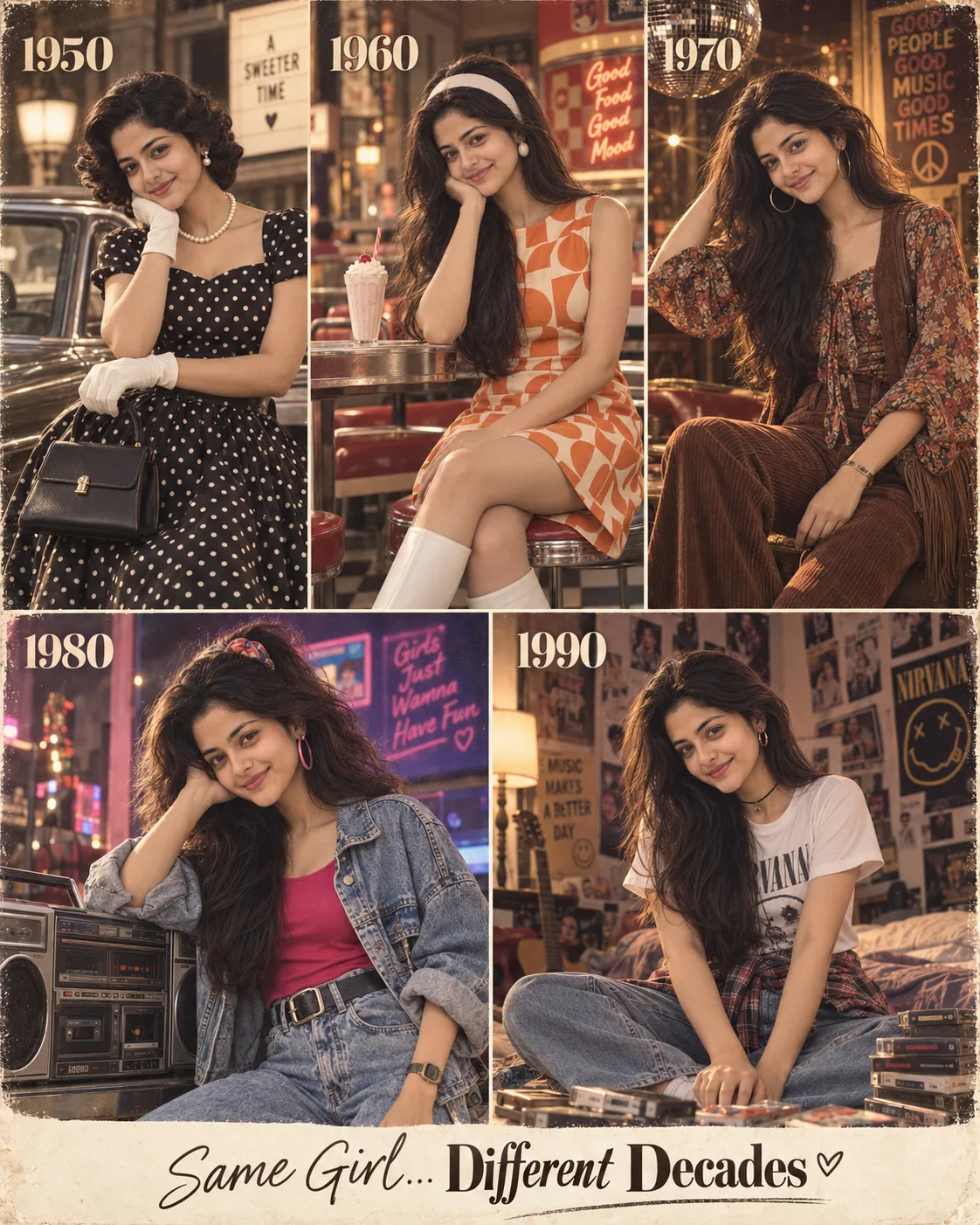 AI Image Prompt — “Same Girl, Different Decades” Use my uploaded photo as the identity reference.