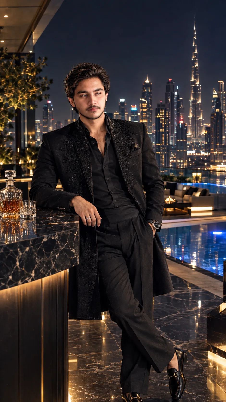 > **Aspect ratio 9:16.** Create an **ultra-photorealistic, cinematic luxury portrait** of a powerful young South Asian man in his mid-20s