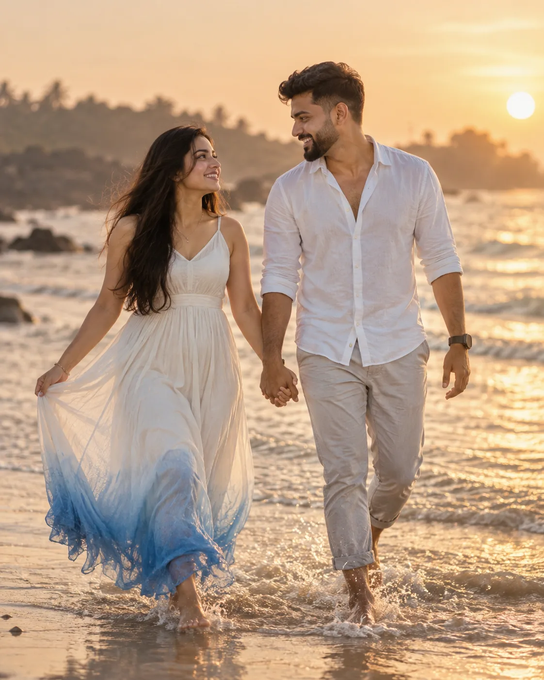 A romantic, cinematic shot of a young couple walking hand-in-hand through shallow ocean waves at golden hour.