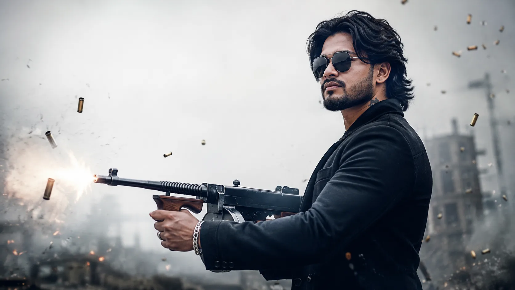 Cinematic action movie still, side profile of a handsome South Asian man with medium-length wavy dark hair, neat beard, wearing black