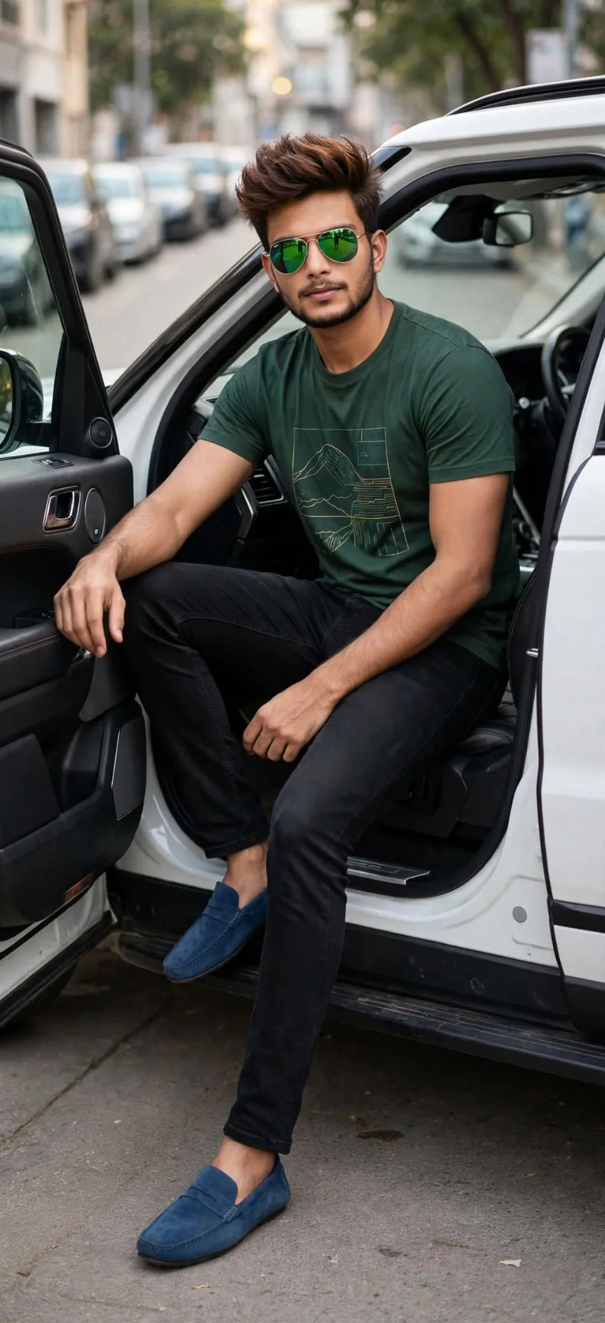 A stylish young Indian man with a trendy voluminous quiff hairstyle and light stubble beard, wearing reflective green aviator sunglasses, a