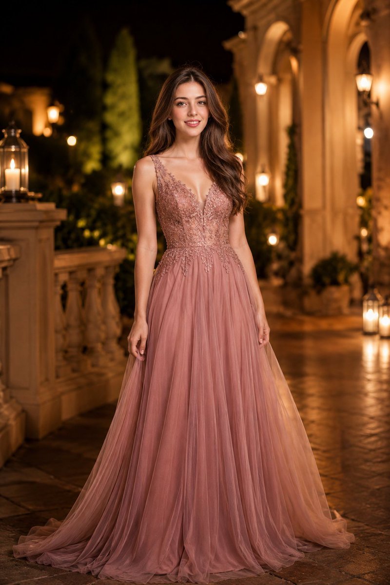 Gpt IMAGE 2 Prompt: A stunning young woman with long, wavy dark hair stands gracefully in a full-length, dusty rose evening gown featuring