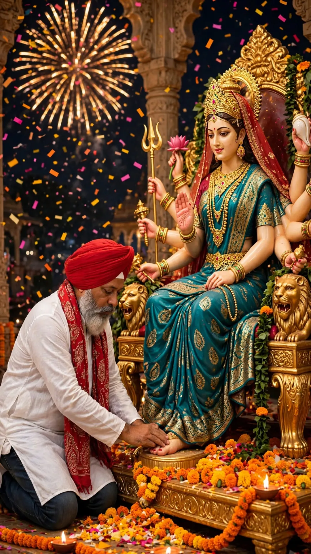 A hyper-realistic, cinematic portrait of a Sikh man kneeling in devotion, touching the feet of a majestic, multi-armed Hindu goddess statue