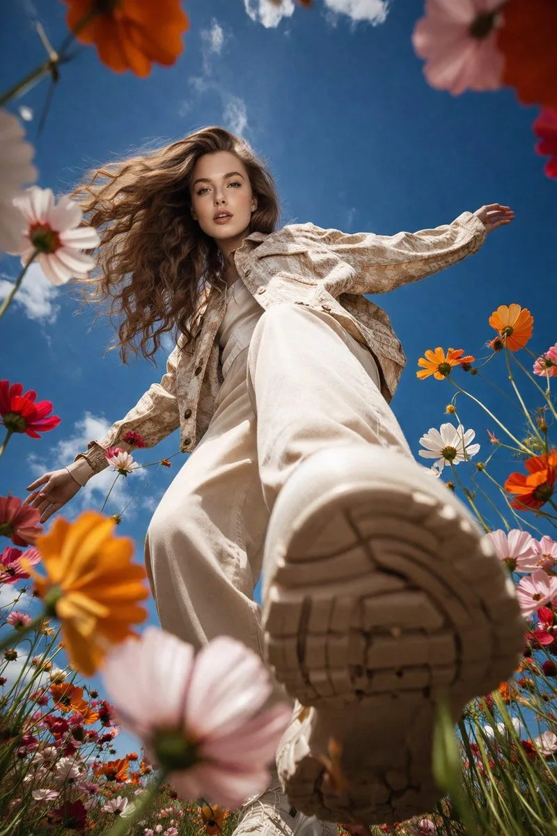 A cinematic ultra-wide low-angle shot of a stylish young woman walking through a vibrant flower field, captured from ground level as if the