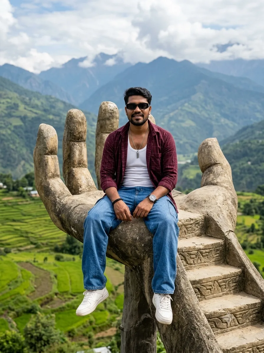 Create an ultra-realistic, cinematic portrait of a stylish young Indian man sitting on a giant ancient stone hand sculpture, with a