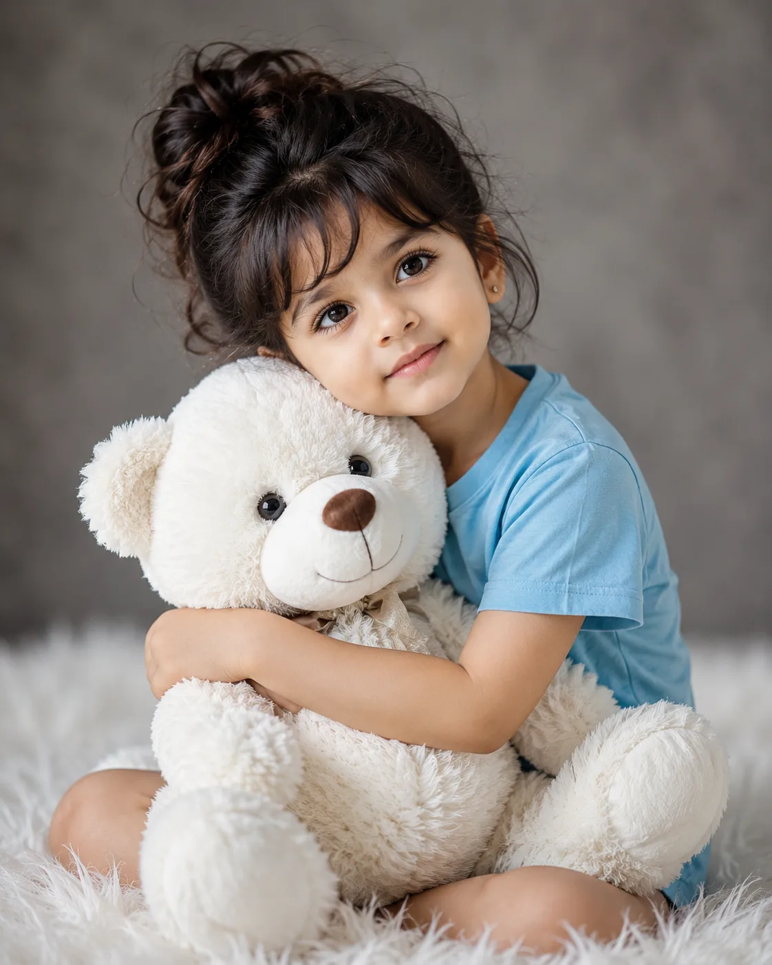 Create a portrait of a young girl in uploaded picture, sitting in white minimal chair in a studio with a plain yellow background.