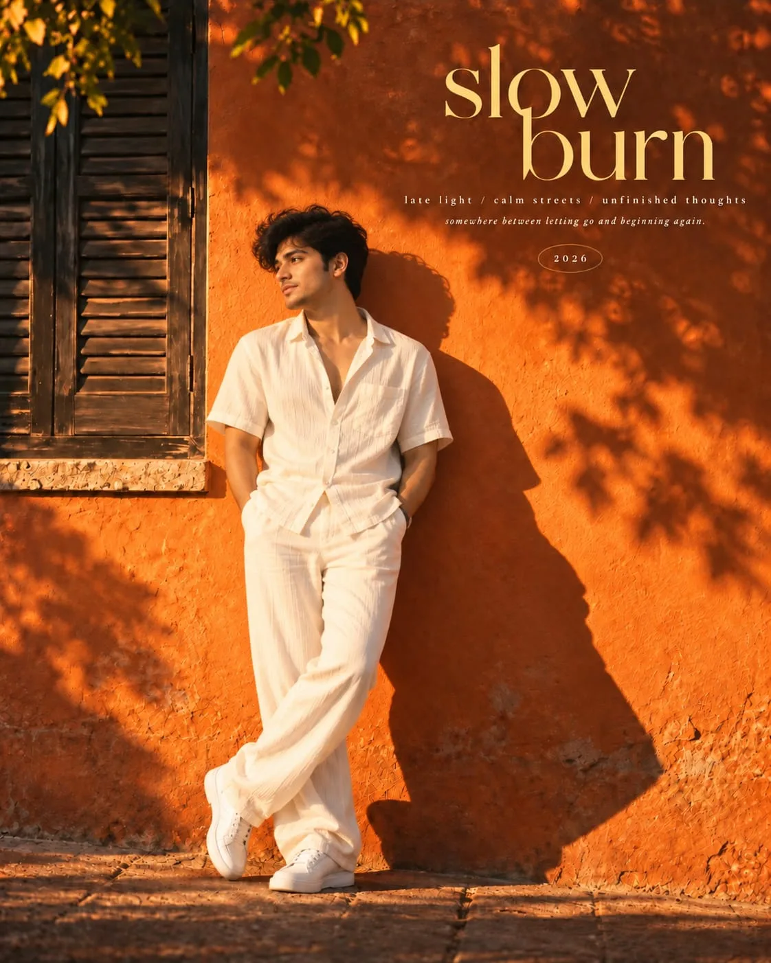 Editorial fashion photograph of a handsome young Indian male model in his early 20s, standing casually against a warm terracotta-orange