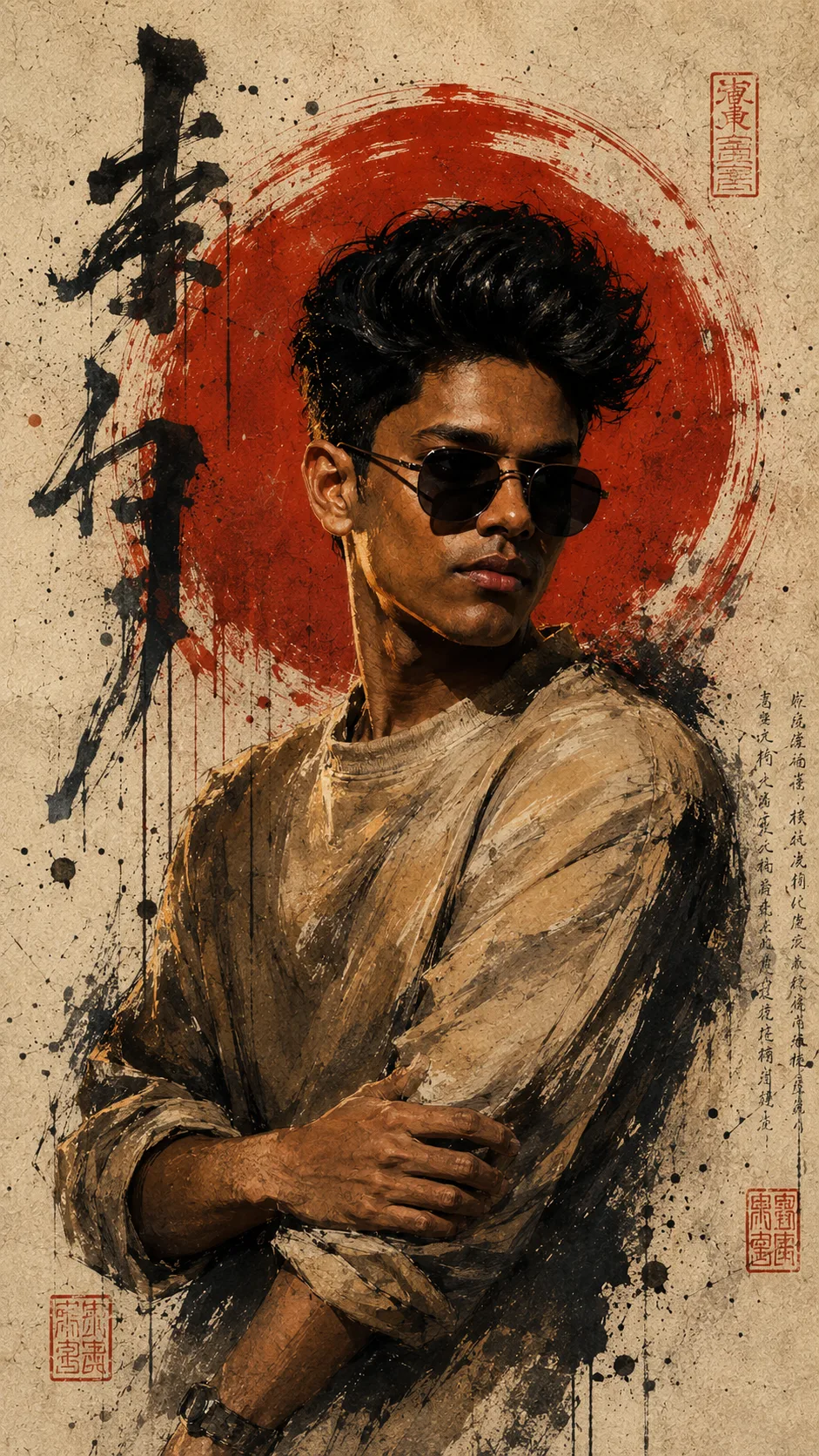 Contemporary neo-Japanese mixed-media portrait illustration blending refined realism with expressive sumi-e aesthetics, urban editorial