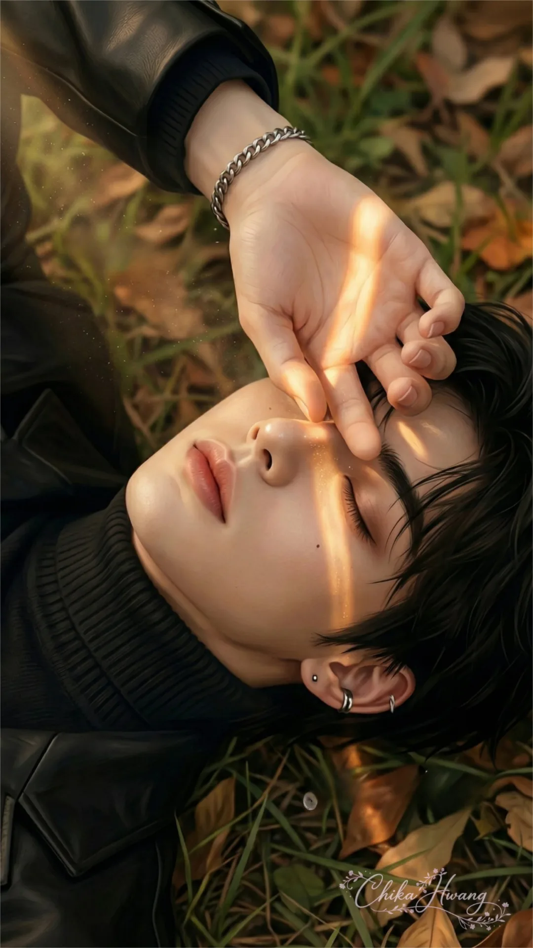 OPen the Google Gemini And Upload your image A close-up aesthetic portrait of a handsome young East Asian man lying down on a bed of dry