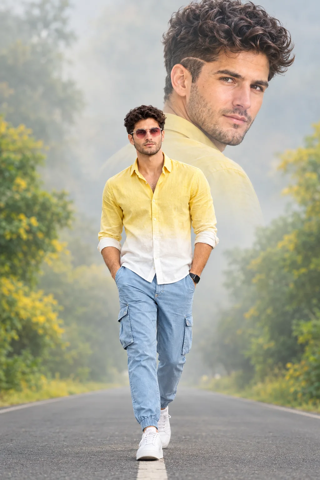Generate an ultra-realistic vertical 2:3 fashion portrait of the uploaded young man walking confidently along the center line of an empty