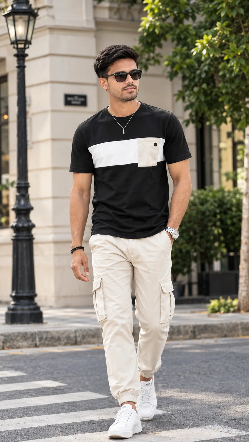 Create a photorealistic full-body fashion portrait of a young South Asian man walking confidently on a stylish upscale city street.