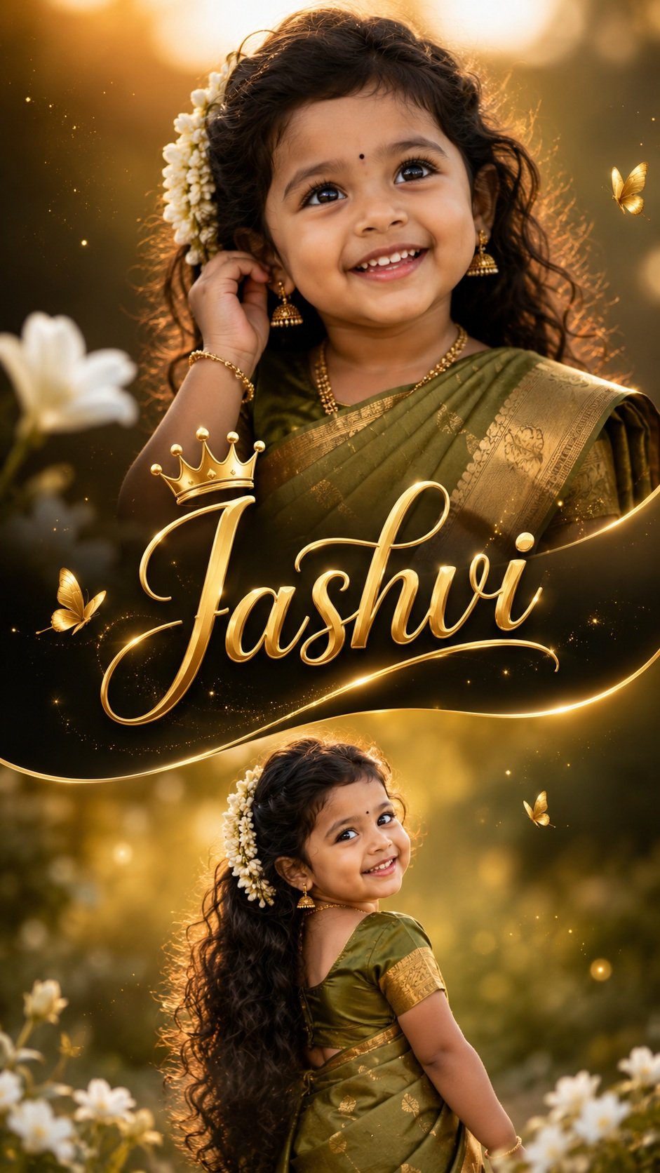 Adorable 3-year-old South Indian girl named Jashvi wearing an elegant olive-green silk saree with rich golden zari border, jasmine flowers