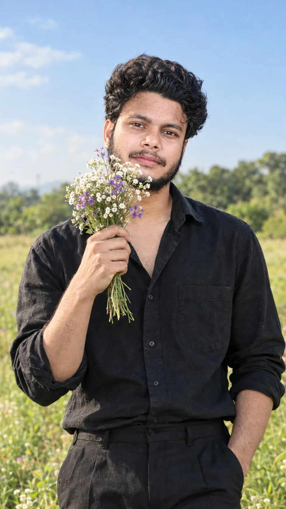 A photorealistic cinematic portrait of a handsome young man standing in a beautiful open meadow during daylight, wearing a relaxed black