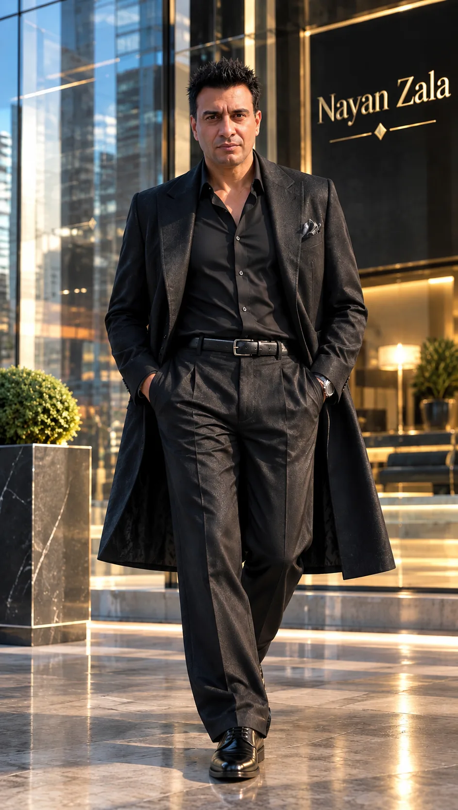 A confident stylish Indian man walking towards camera, spiky short black hair, sharp facial features, wearing a luxury all-black outfit -