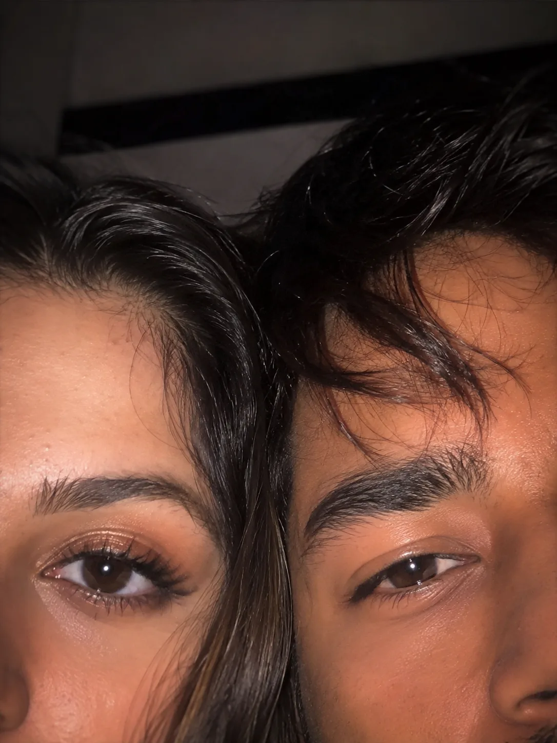 Recommended Prompt > Extreme close-up portrait of a young woman and a young man with their faces pressed together side-by-side, cropped