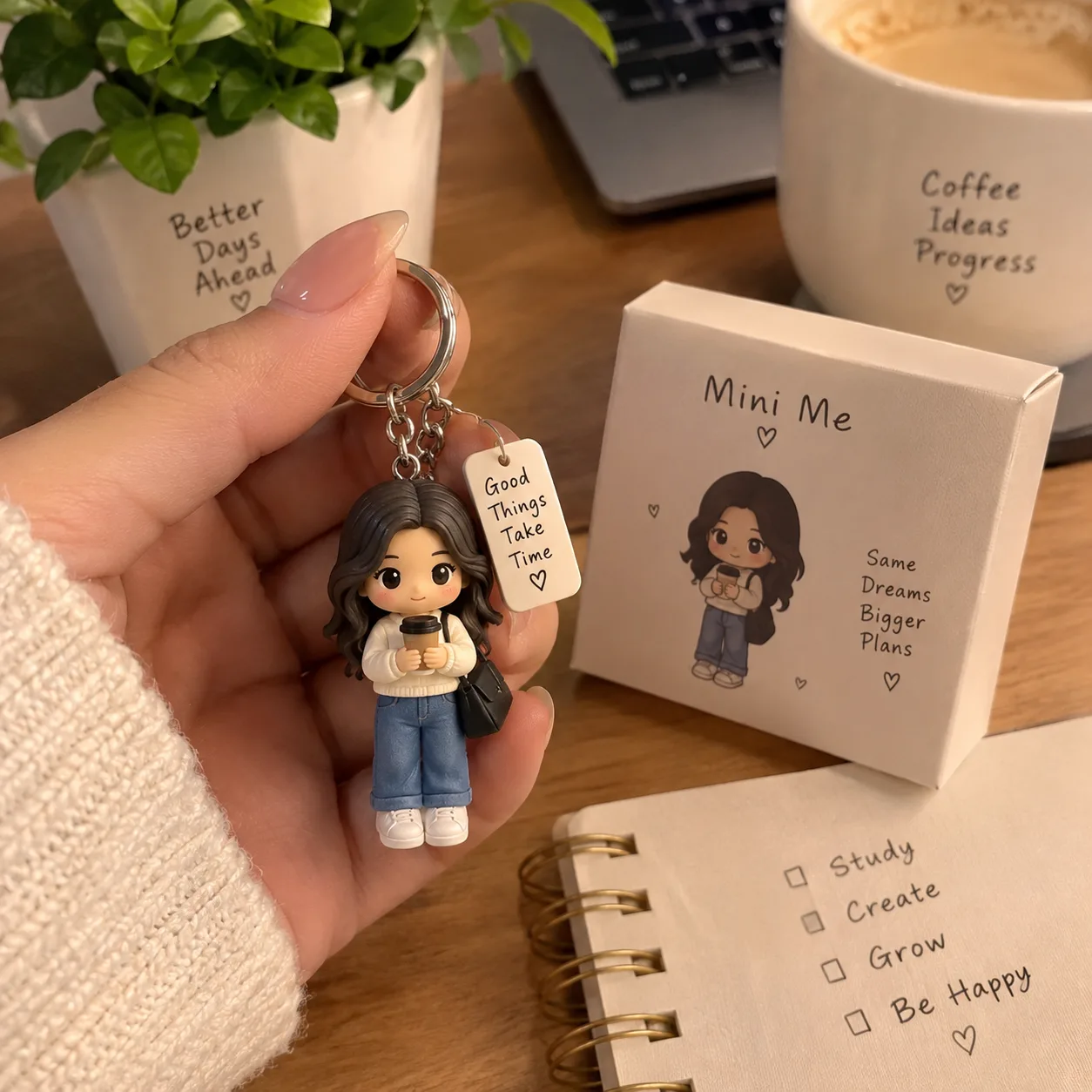 Create a realistic UGC-style smartphone photo of a cute miniature version of a young woman transformed into a collectible character