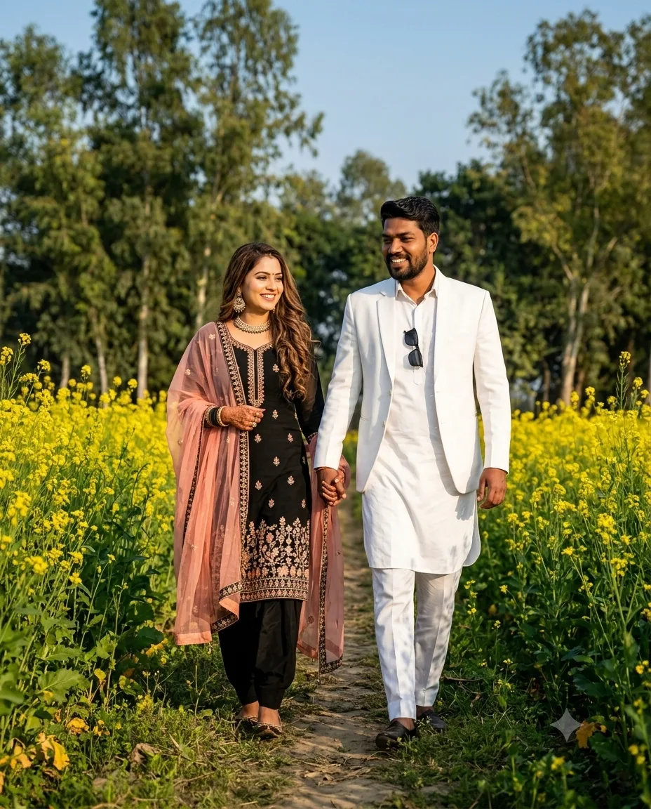 A photorealistic full-body portrait of a stylish young South Asian couple walking hand-in-hand through a beautiful mustard flower field in