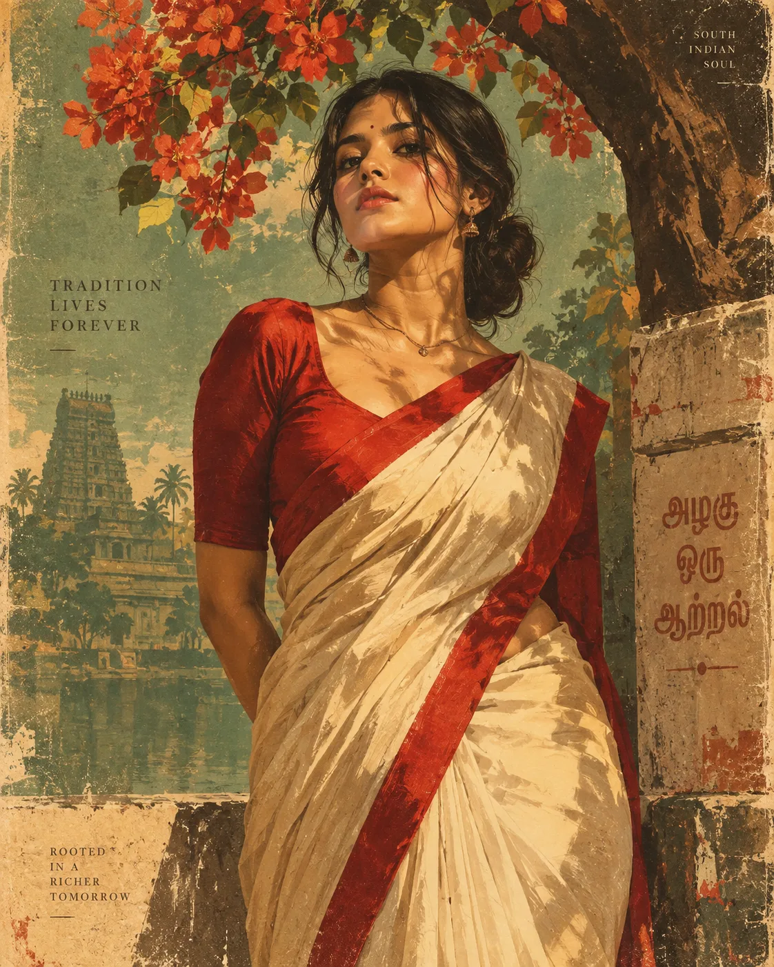 A striking vintage editorial illustration of a graceful young South Indian woman standing confidently beneath a flowering tree, wearing a