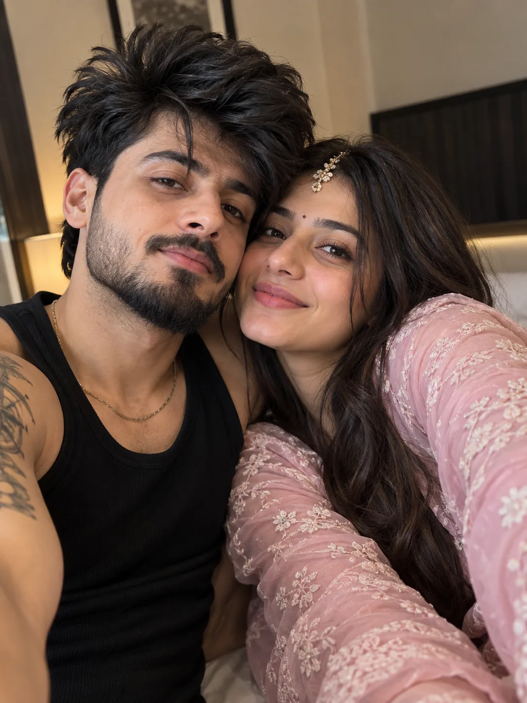 Create an ultra-realistic cinematic close-up couple selfie using the uploaded photos as exact identity references.