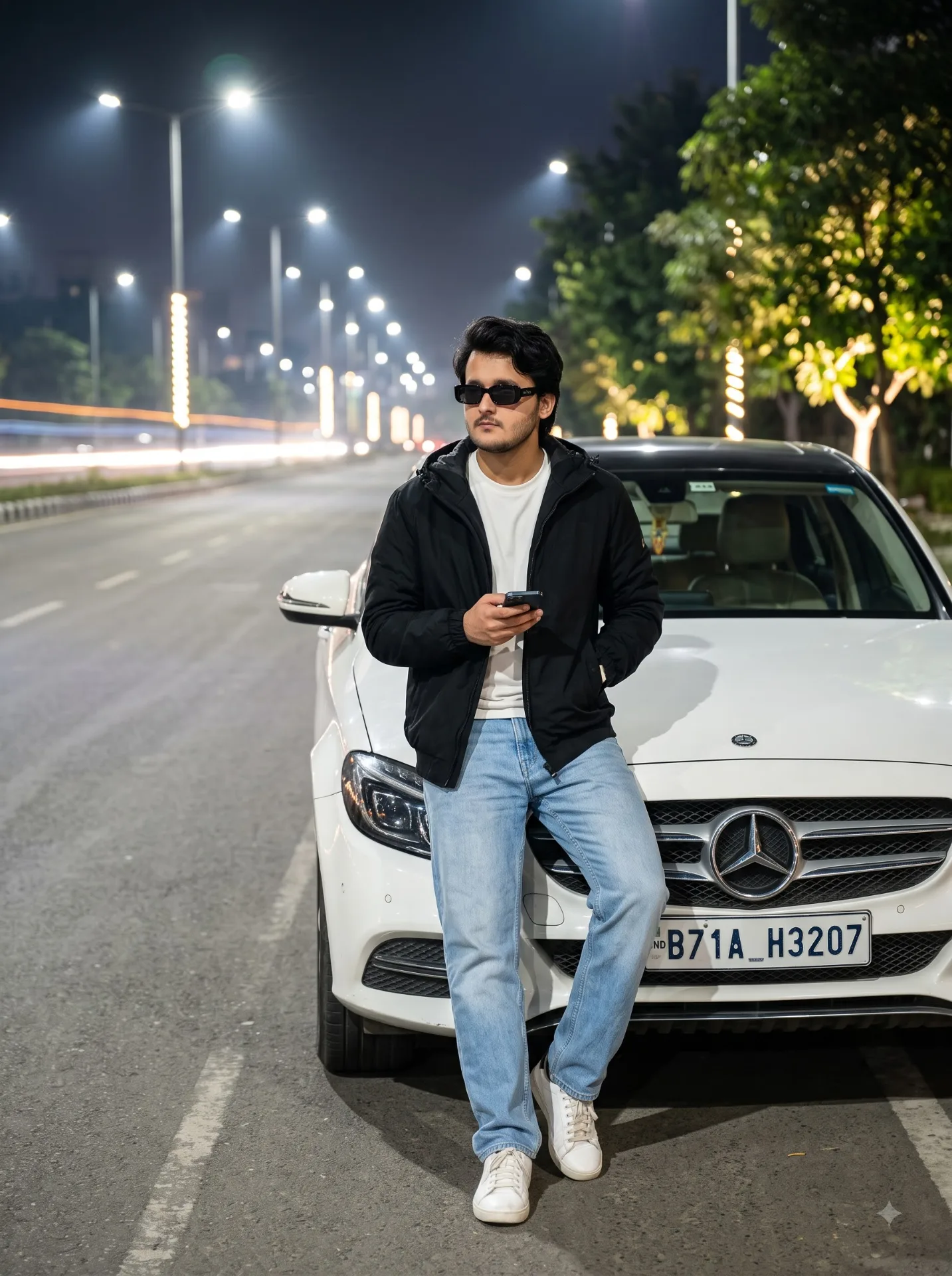 Hyper-realistic cinematic full-body portrait of a young man leaning casually against the front side of a glossy white Mercedes-Benz sedan