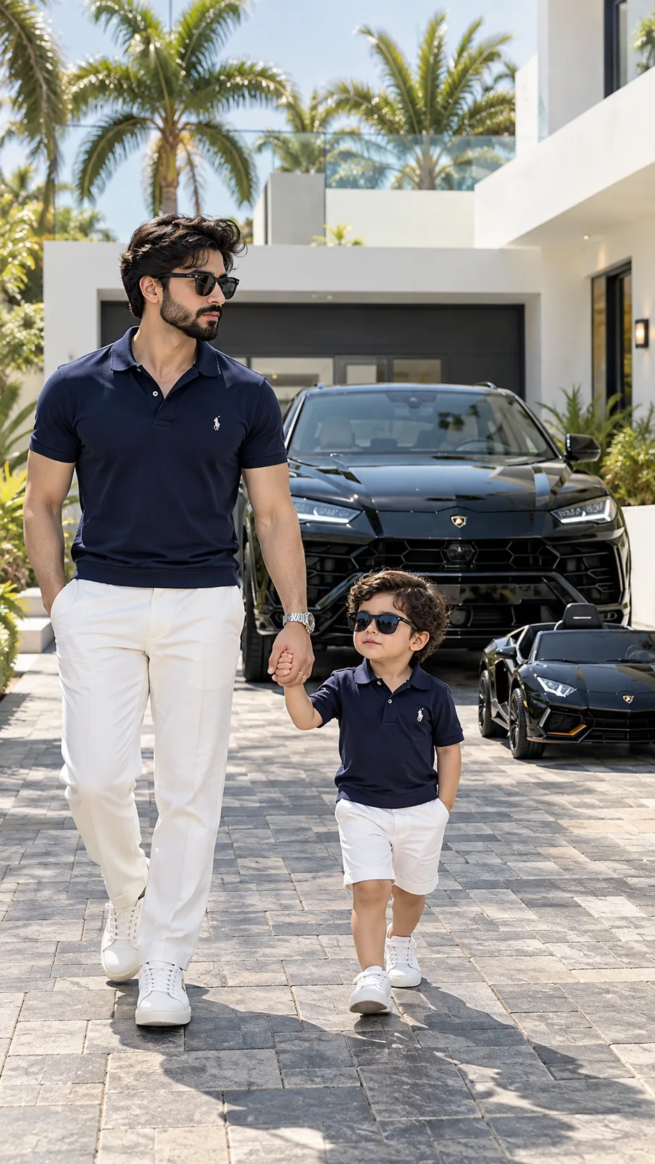 FULL-LENGTH PORTRAIT OF A STYLISH, ATHLETIC FATHER HOLDING HANDS WITH HIS TODDLER SON AS THEY WALK TOWARDS THE CAMERA.