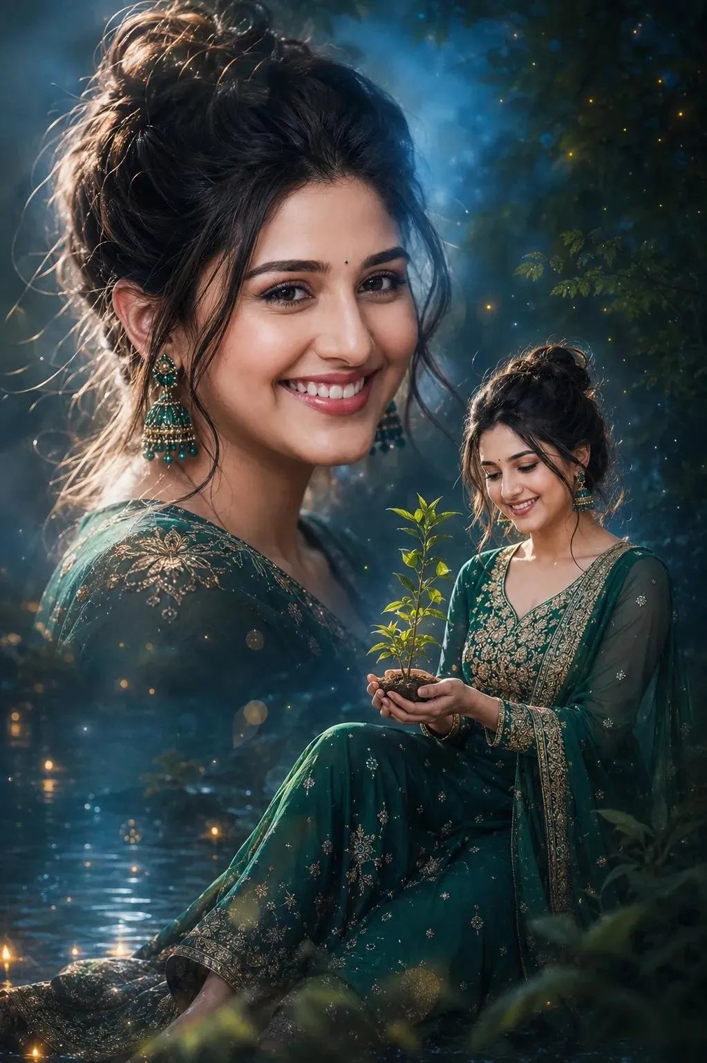 Beautiful fair-skinned Indian woman,elegant emerald green embroidered Anarkali suit with matching dupatta, traditional green jhumka