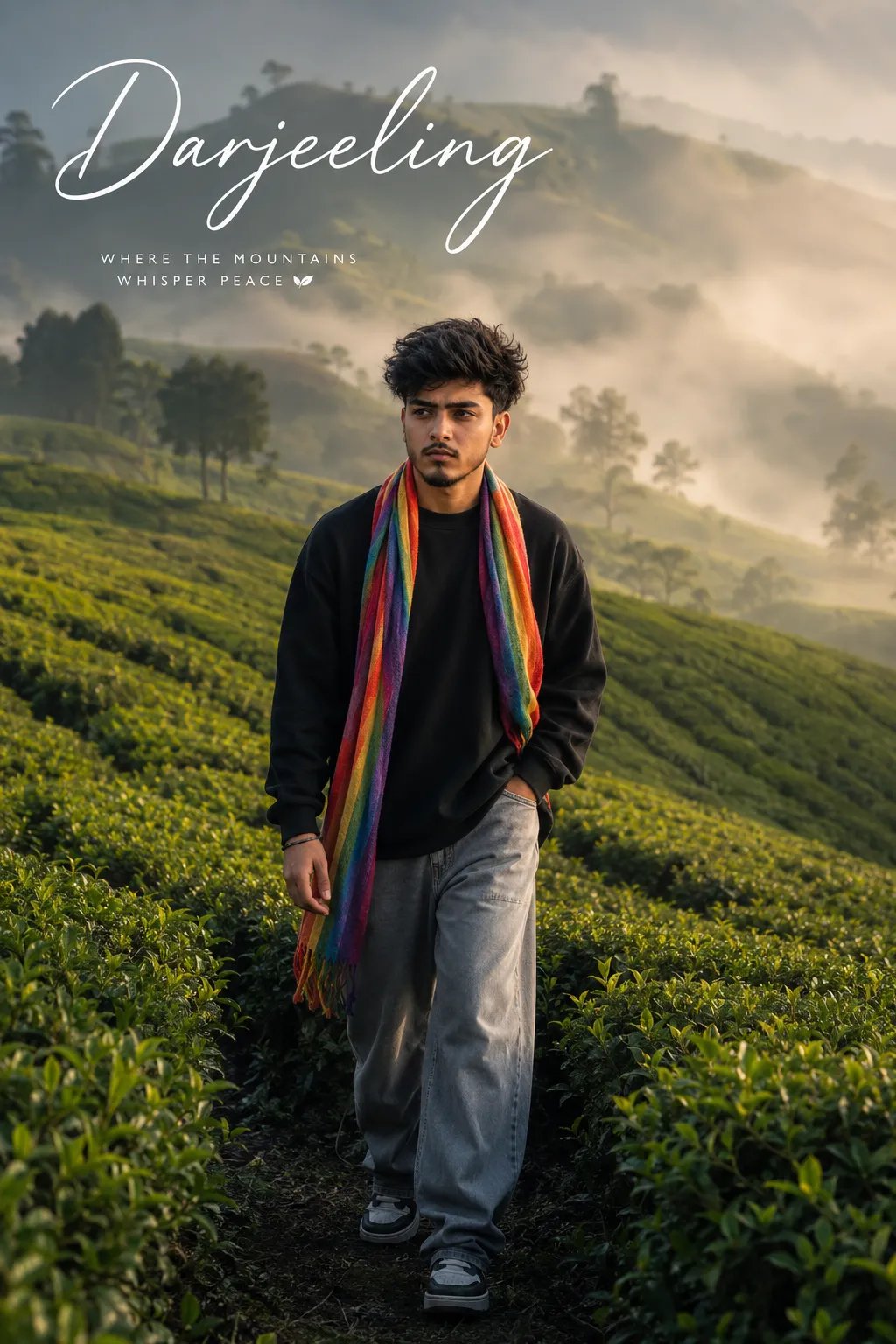 Hyper-realistic 8K ultra HD, 4:6 vertical cinematic travel poster, Indian young boy messy bedhead black hair, short natural stubble beard