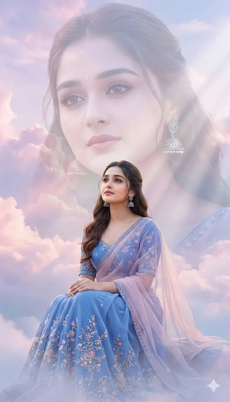 A dreamy double-exposure portrait of a young Indian woman with 100% face lock from reference, sitting gracefully and looking upward with a