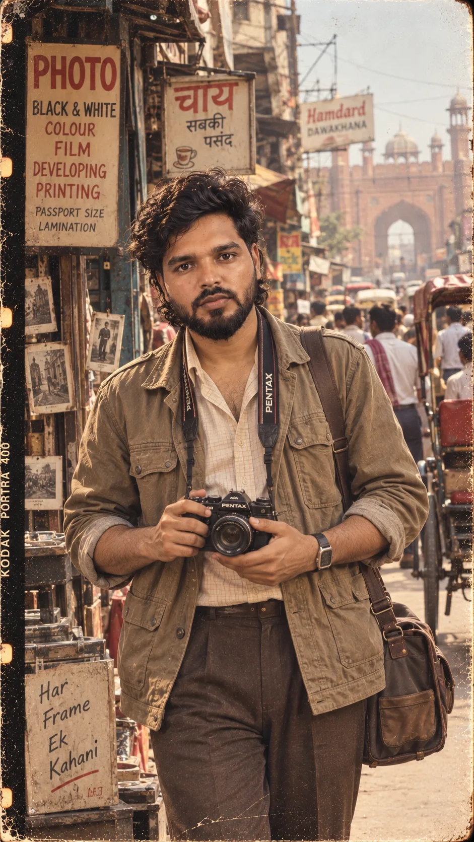 Transform me into a young 1980s Indian street photographer.