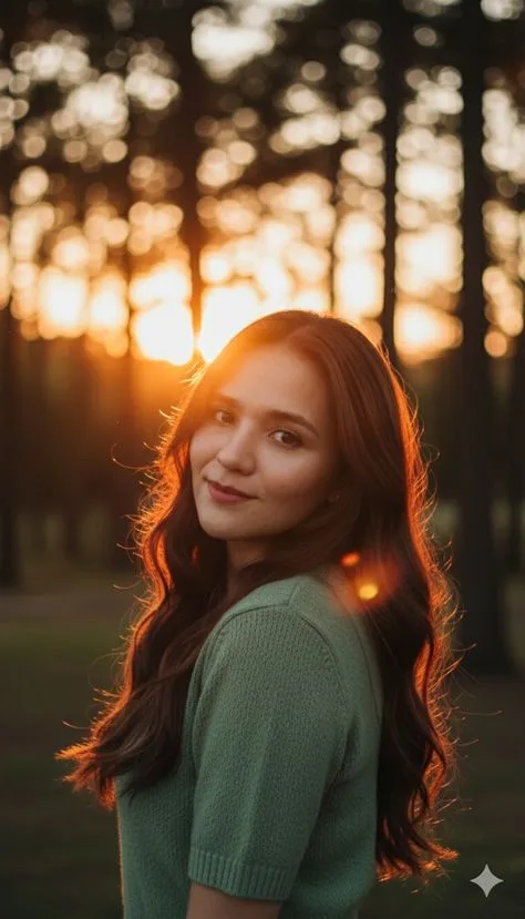 A cinematic, hyper-realistic 9:16 portrait of a young woman with long, wavy brown hair, looking gently over her shoulder towards the