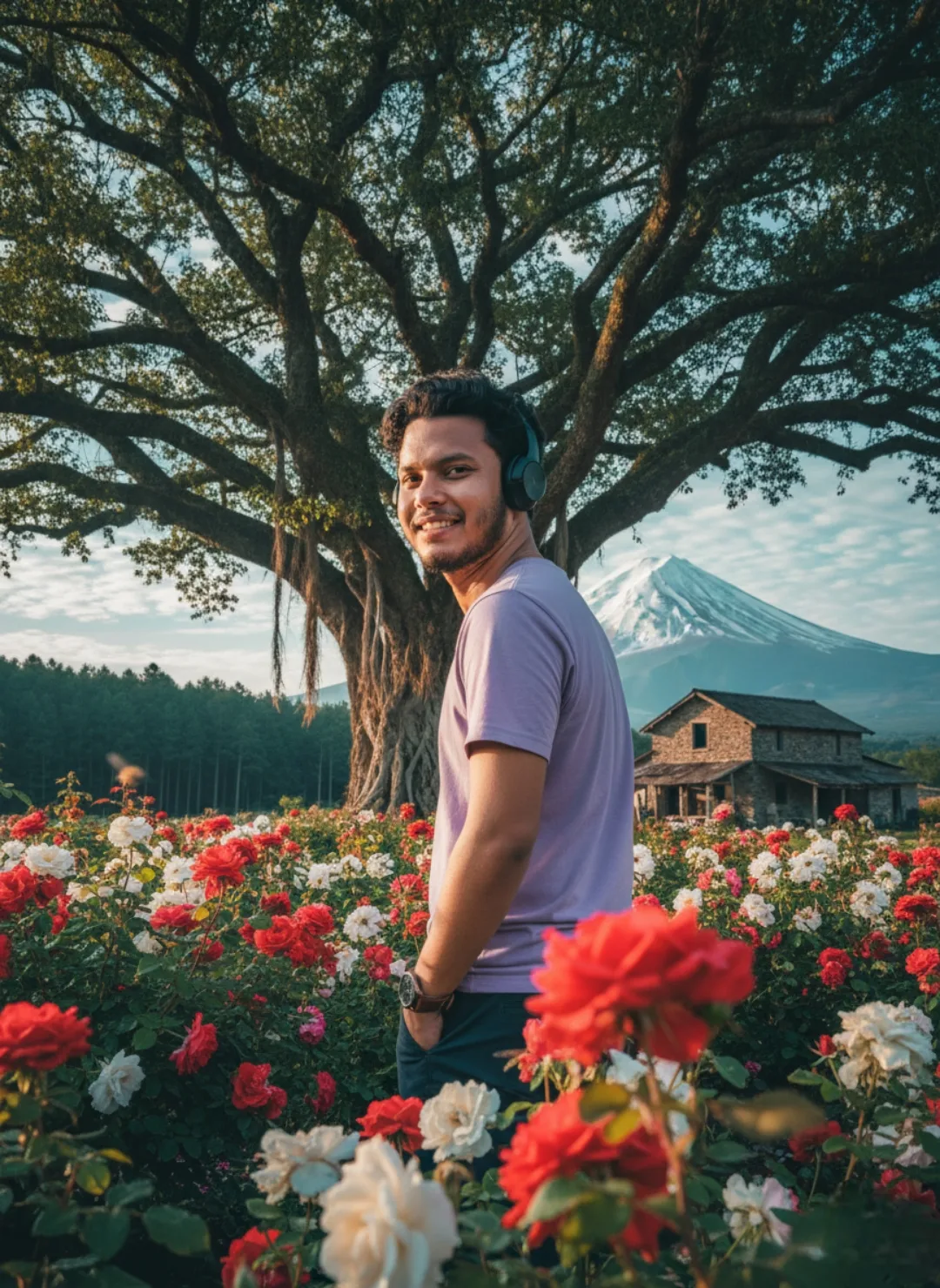 **Prompt:** A young man with short curly black hair, light beard, and warm smile looking back over his shoulder toward the camera, wearing