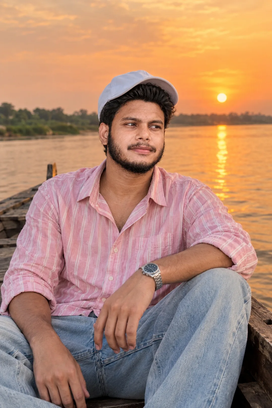 A young South Asian man with curly black hair, full dark beard and mustache, wearing a white baseball cap, light pink and white vertical