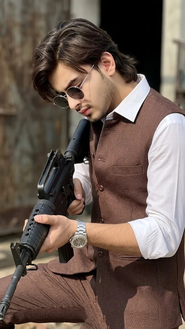 Make image { "image_design": { "subject": { "appearance": "Young man with medium-length dark styled hair, side-parted, slight stubble.",