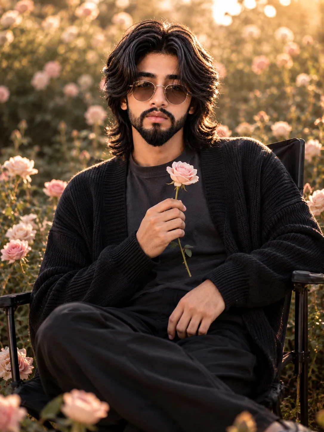 Create an ultra-realistic, premium cinematic outdoor fashion portrait of a young adult male model in his early 20s, seated comfortably in a