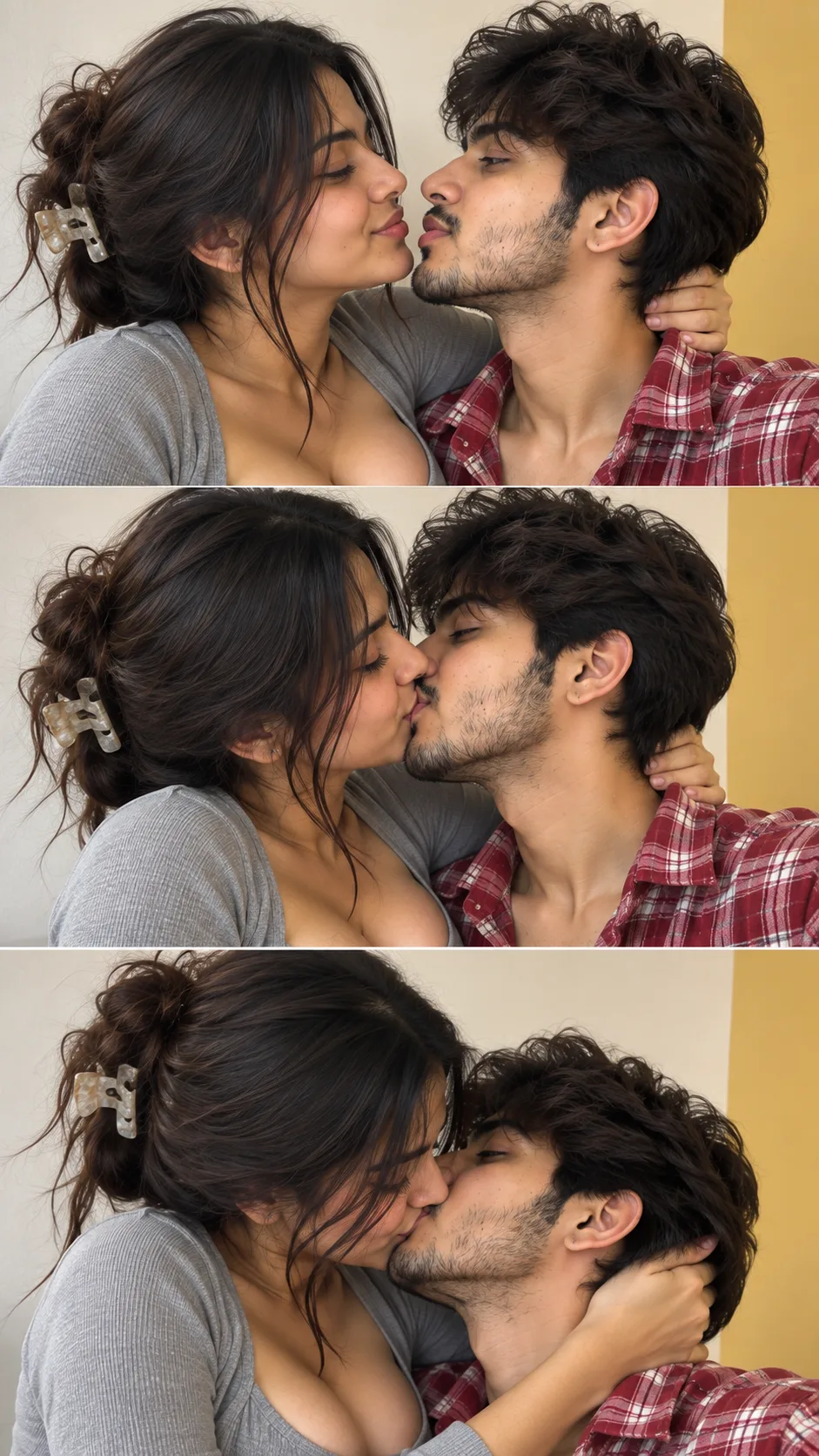 "A little romance, a lot of madness.ππ₯ Create a high-end photorealistic three-panel vertical collage featuring a young adult couple in a