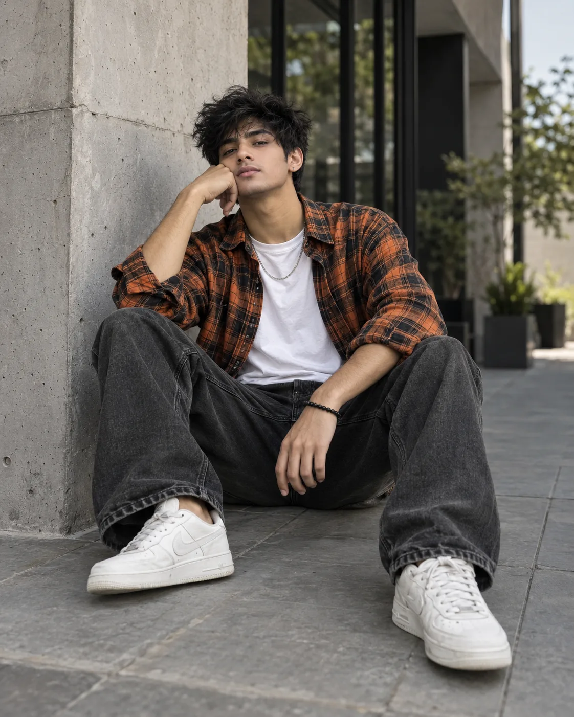 Create an ultra-realistic full-body men's fashion editorial photograph of a young male model sitting casually on the ground beside a modern