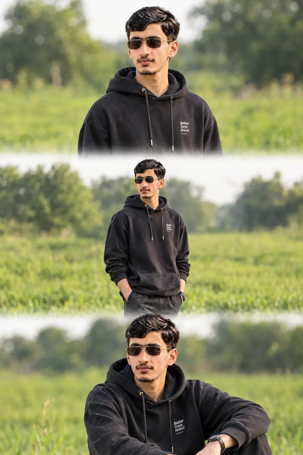 Rint Hooded T-shirt A Realistic VERTICAL TRIPTYCHCOLLAGE FEATURING THE Me STANDING ALONE IN A LUSH GREEN FIELD DURING BRIGHT NATURAL